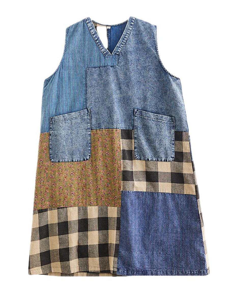 Summer Patch Spliced Pocket Denim Vest Dress