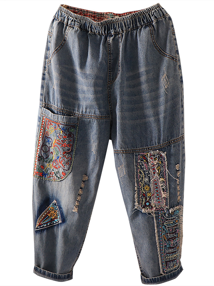 Summer Retro Embroidery Spliced Burrs Denim Pants