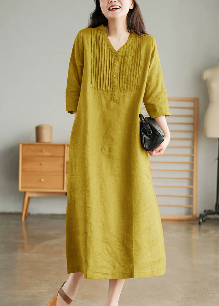 Light Green Loose Linen Long Dresses Button Half Sleeve