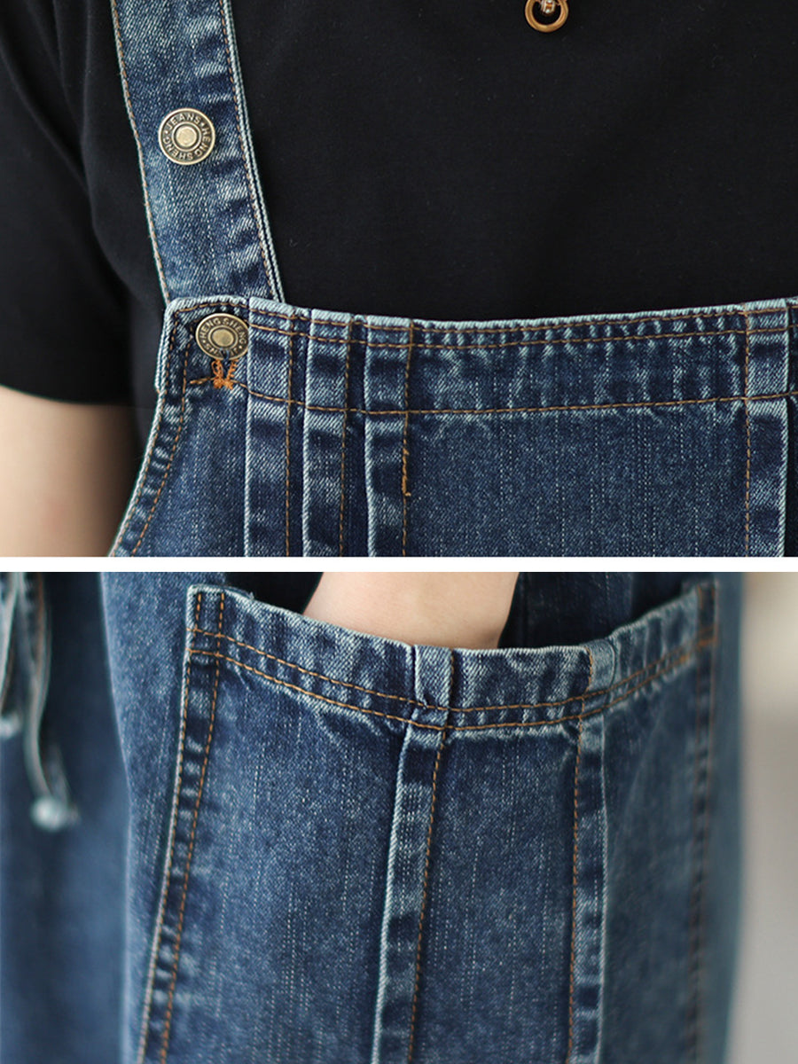Summer Retro Pleat Drawstring Pocket Denim Dress