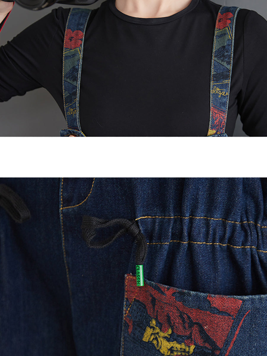 Retro Print Pocket Loose Spliced Denim Jumpsuits