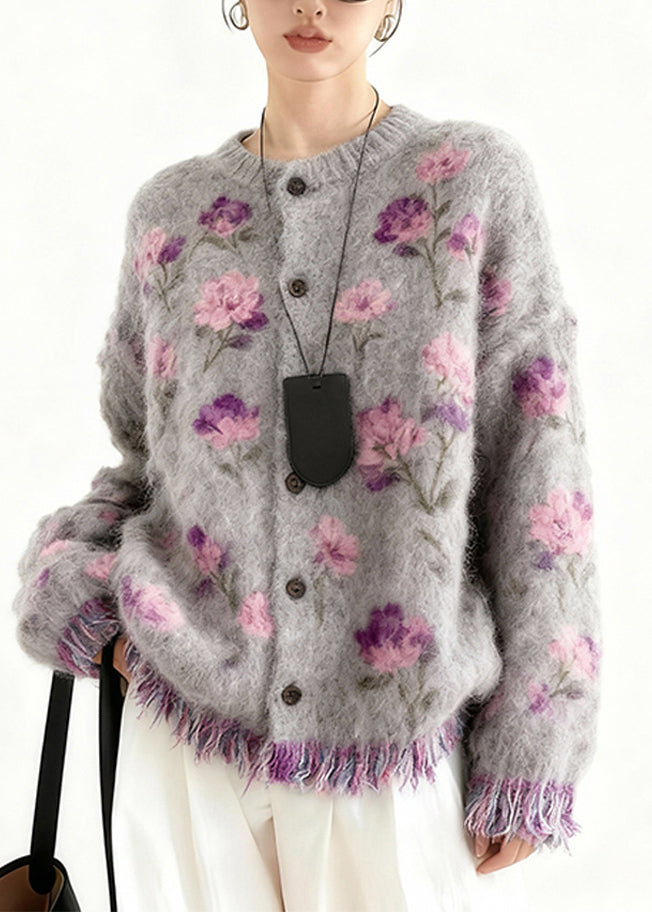 New Purple Print Button Tassel Cotton Knit Cardigans Spring