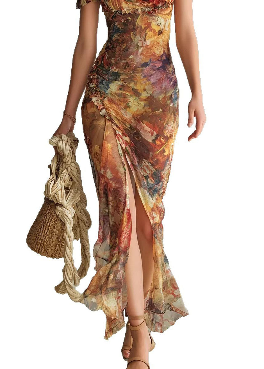 New V-neck Ruffle Print Side Open Chiffon Dress Summer