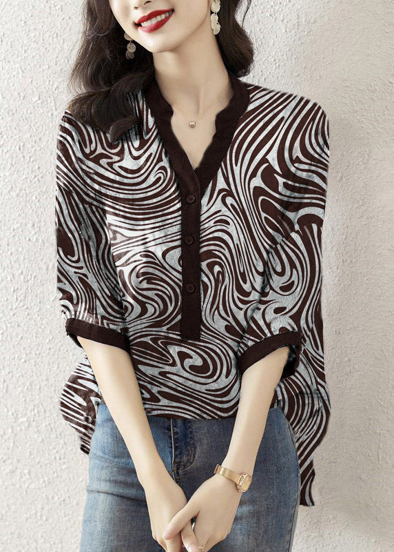 Black V Neck Print Button Silk Top Half Sleeve