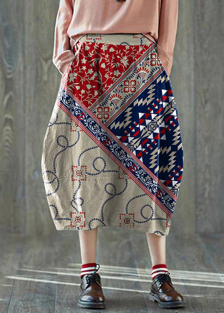 Boutique White Stripes Pockets Lantern Cotton Linen Summer Skirt