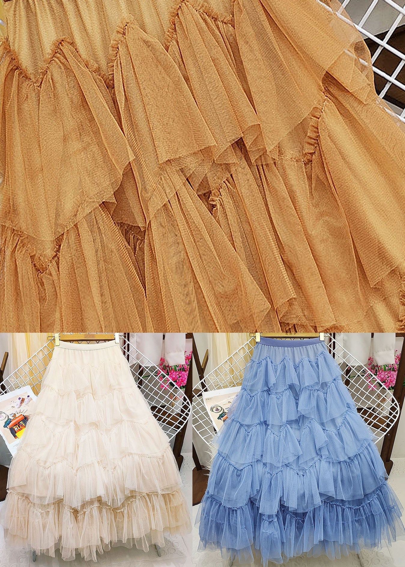 Apricot Tulle a Line Skirts High Waist Exra Large Hem Summer