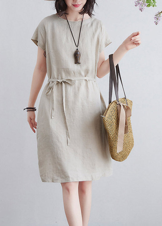 Art Beige O-neck Tie Waist Linen Mid Dresses Short Sleeve
