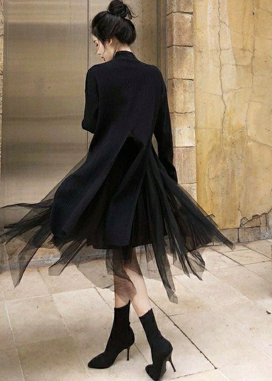 Art Black Asymmetrical Side Open Knit Sweater and Tulle Skirt Two Pieces Set Spring