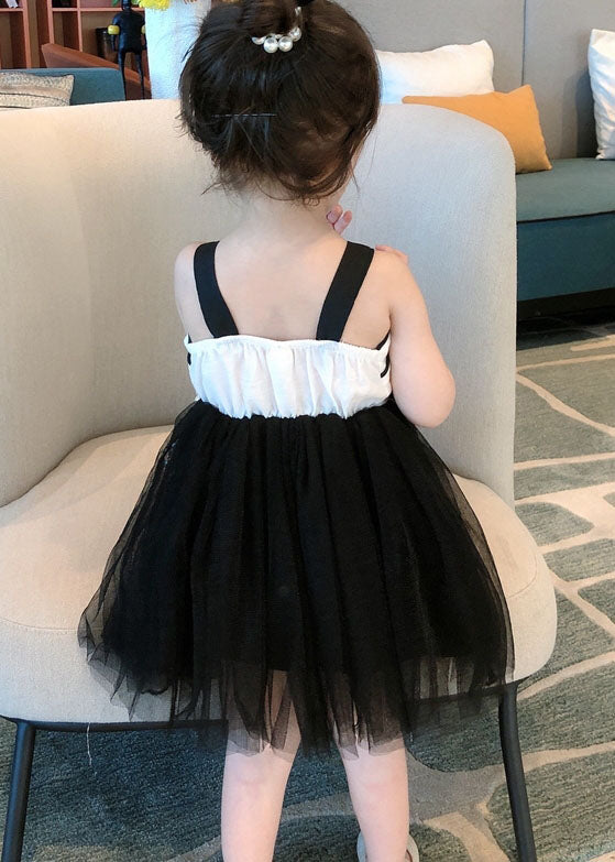 Art Black Wrinkled Patchwork Tulle Kids Dress Sleeveless
