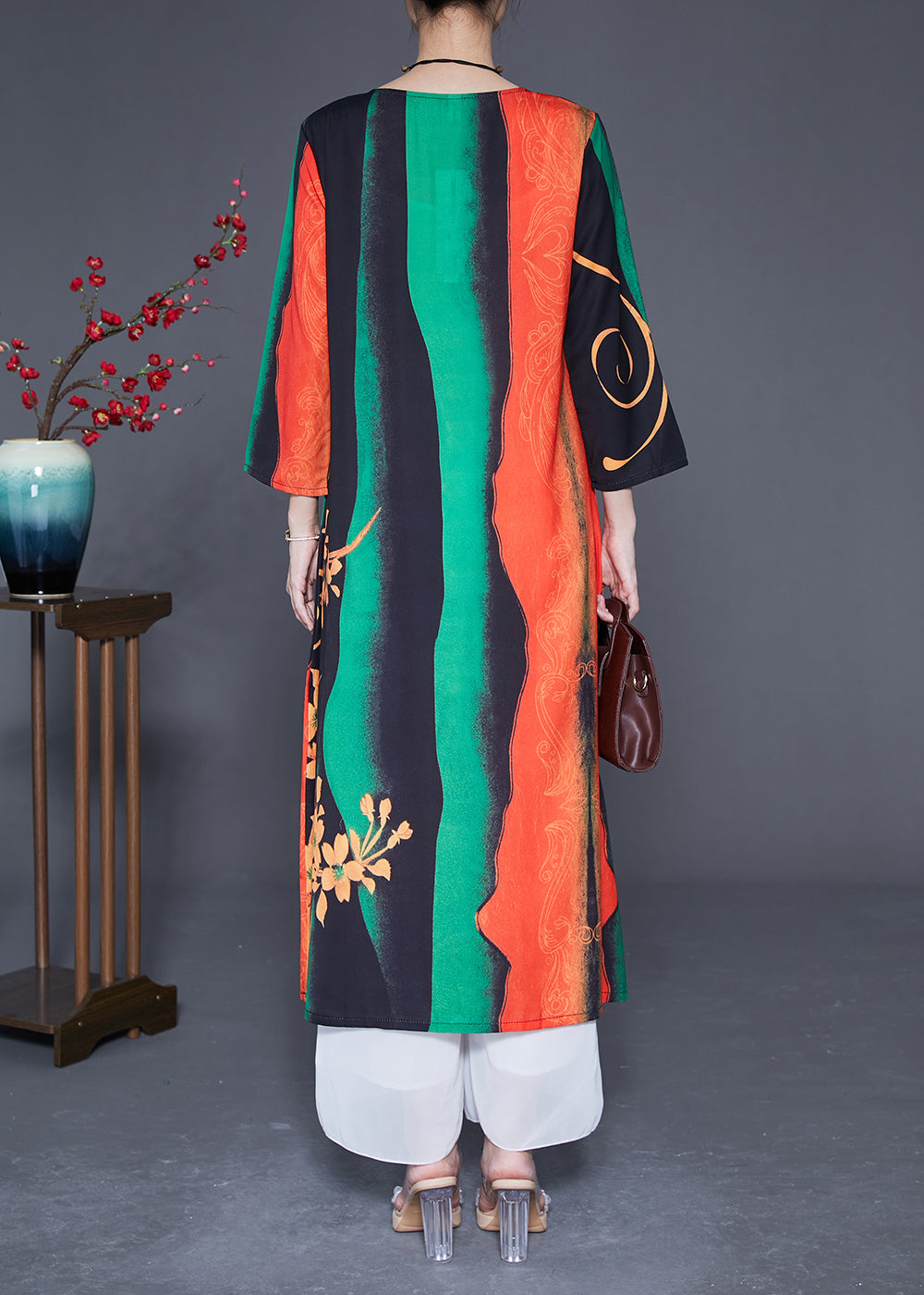 Art Green O-neck Print Silk a Line Dress Bracelet Sleeve