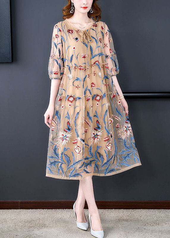 Art Khaki O-neck Embroideried Tulle a Line Dress Summer