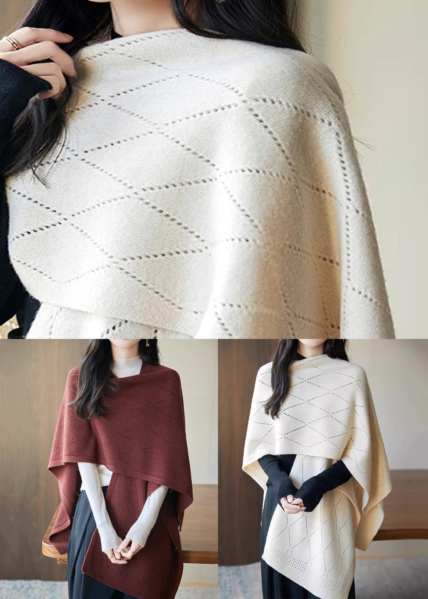 Art Red Hollow Out Knit Shawl Sweater Fall