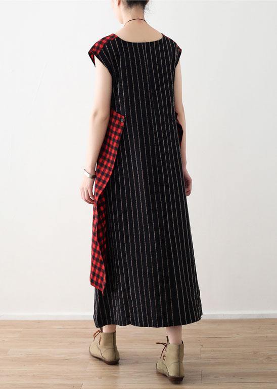 Art Red Plaid Cotton Linen Asymmetrical Design Patchwork Party Dresses