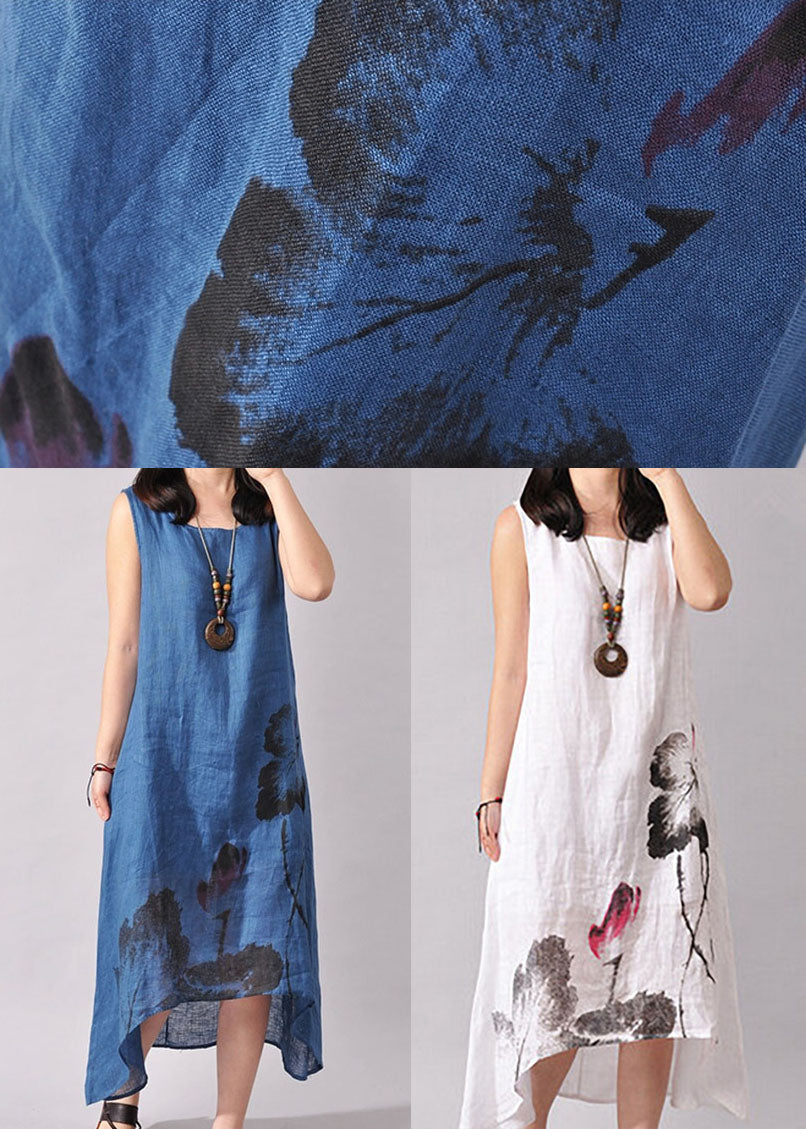 Art White O-neck Print Low High Design Cotton Dress Summer