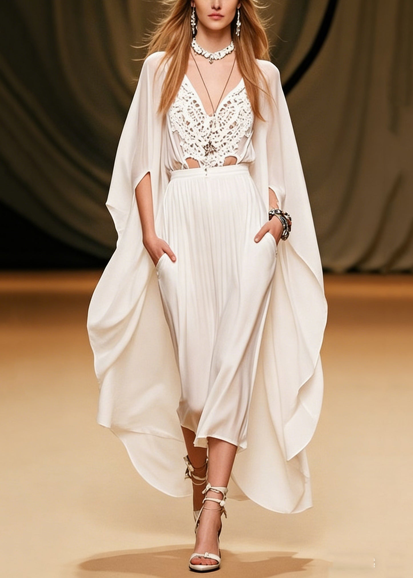 Art White V Neck Hollow Out Pockets Chiffon Two Piece Set Batwing Sleeve