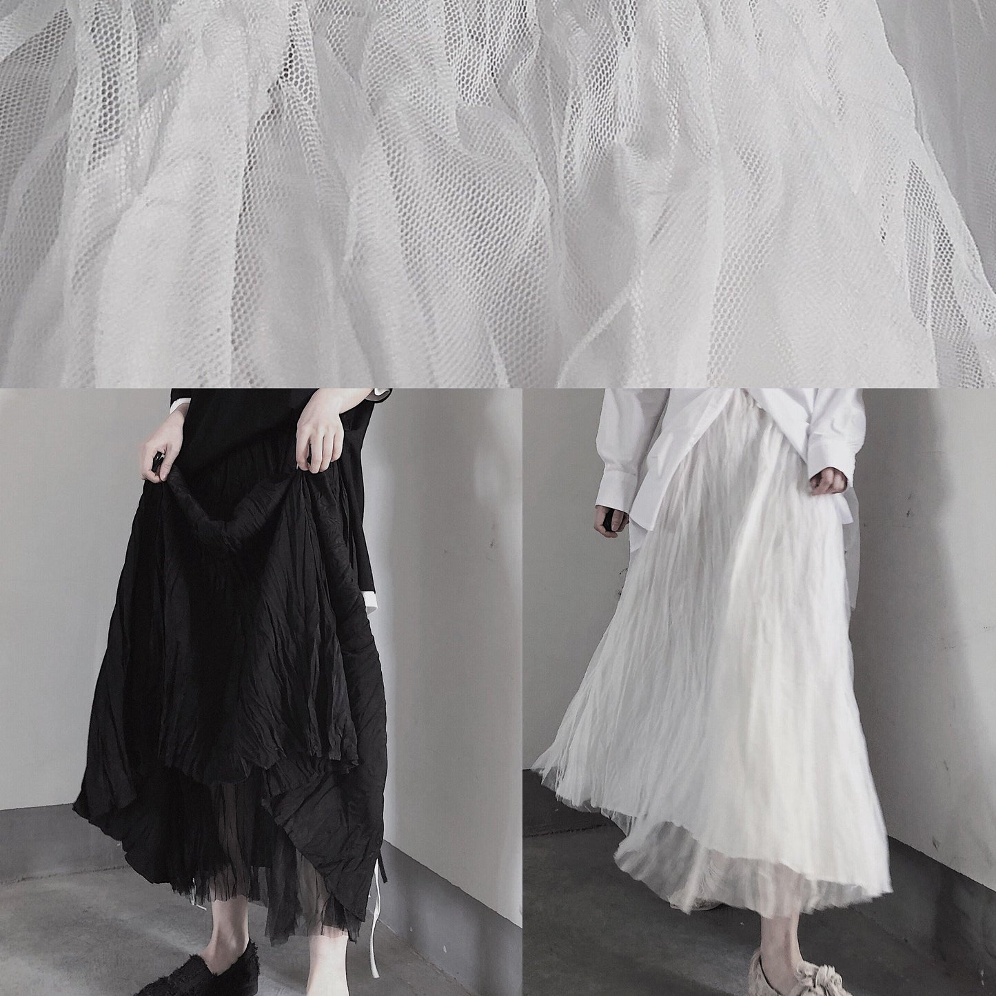 Black Pleated Double Layer Design With Elastic Waist Skirt on Both Sides