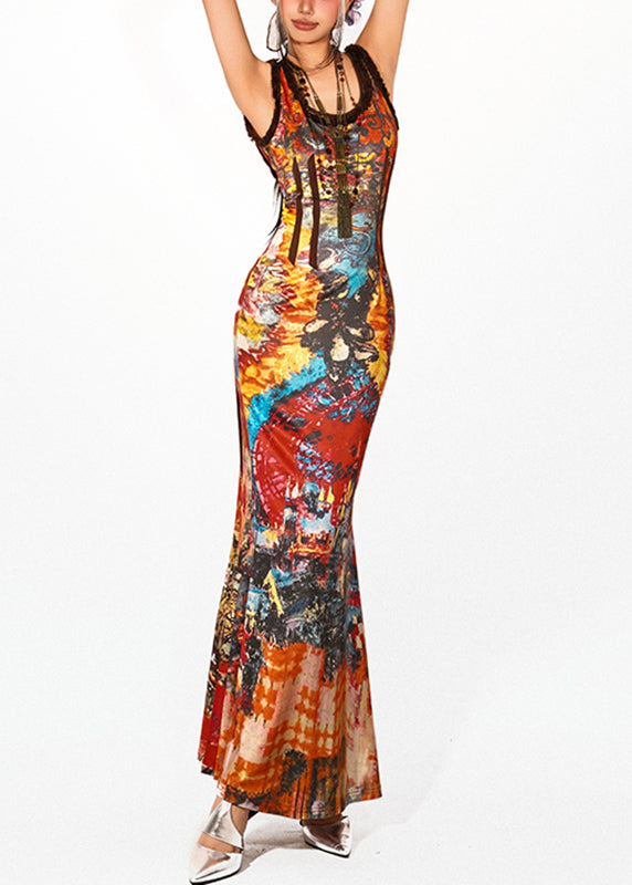 Beach Rainbow O-neck Holiday Long Spaghetti Strap Fishtail Dress Sleeveless