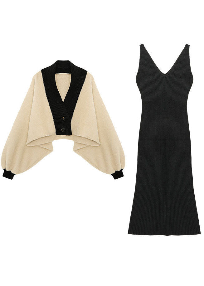 Beige Mink Hair Knitted Coats and Knitted Long Dress Two Pieces Set Winter