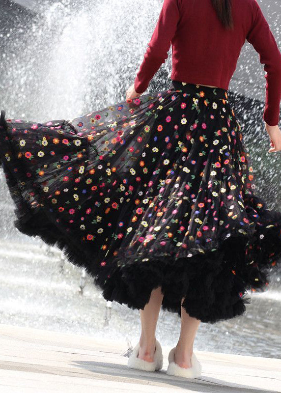 Black Embroidered Exra Large Hem Tulle Skirt Spring