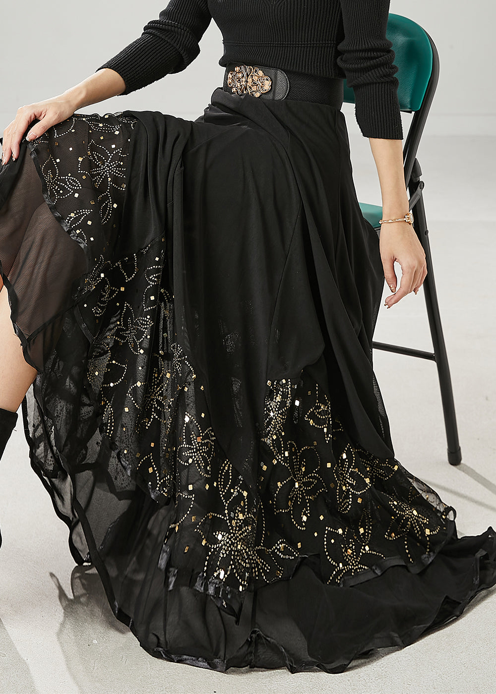 Black Exra Large Hem Chiffon Dance Skirts Spring