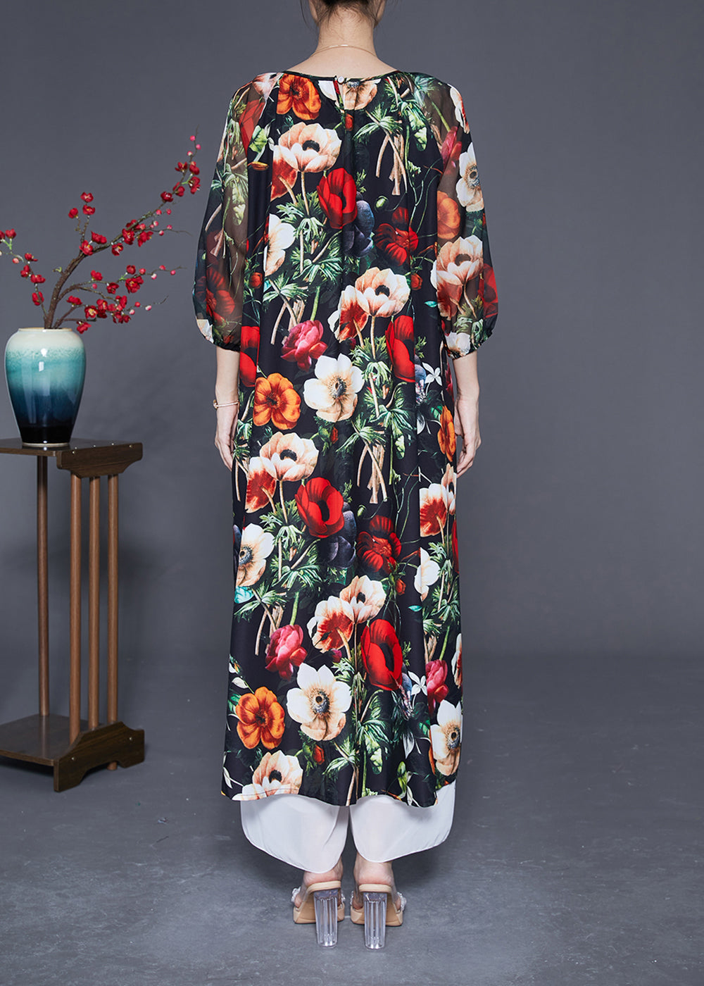 Black O-neck Print Silk Dress Bracelet Sleeve