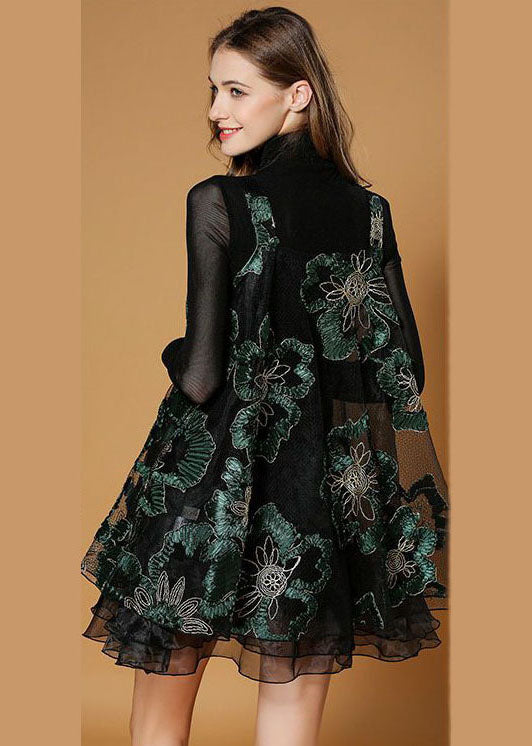Black Turtle Neck Embroideried Organza Two-piece Set Spring