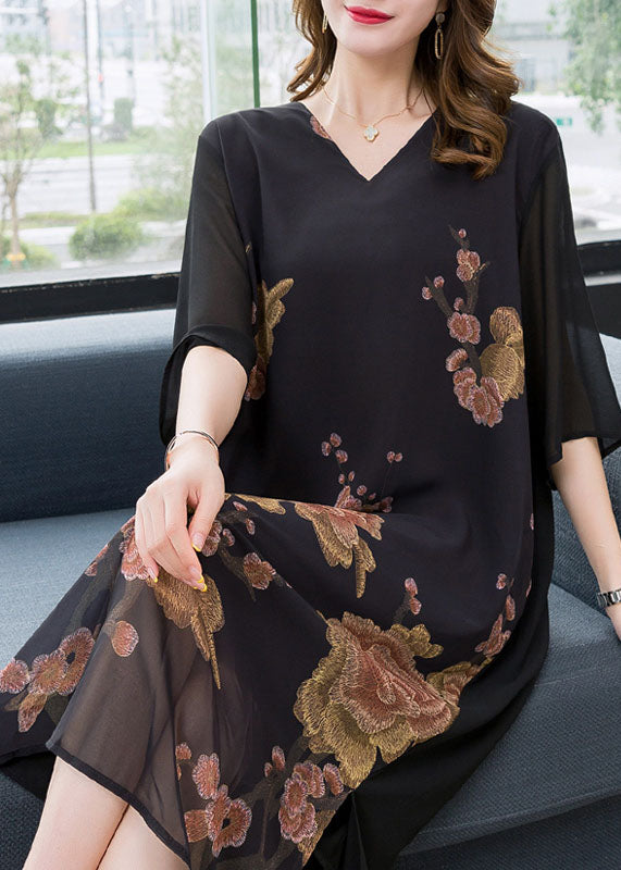 Black V Neck Print Patchwork Chiffon Dress Summer