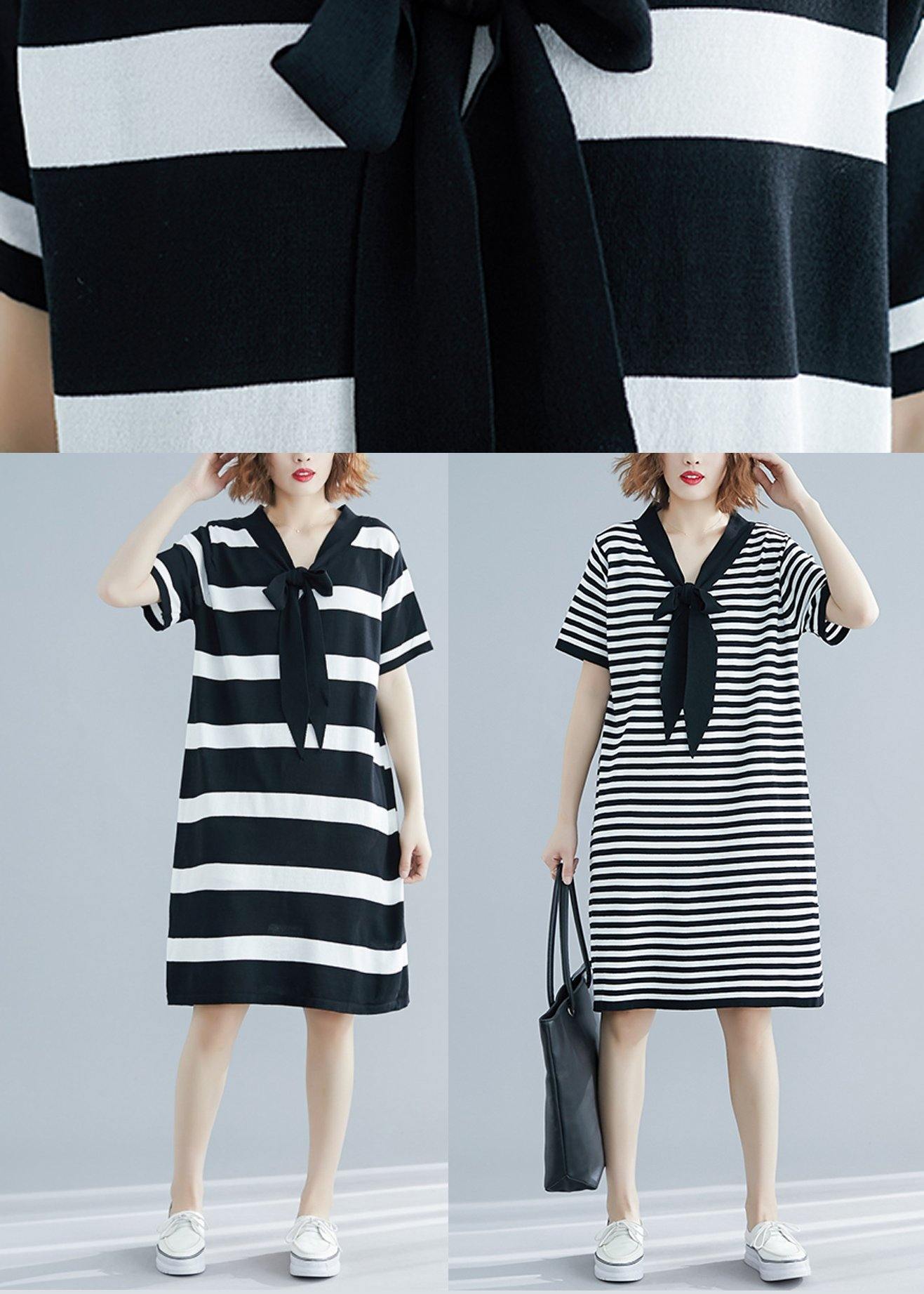 Black White Narrow Striped Short Sleeve Summer Cotton Dress
