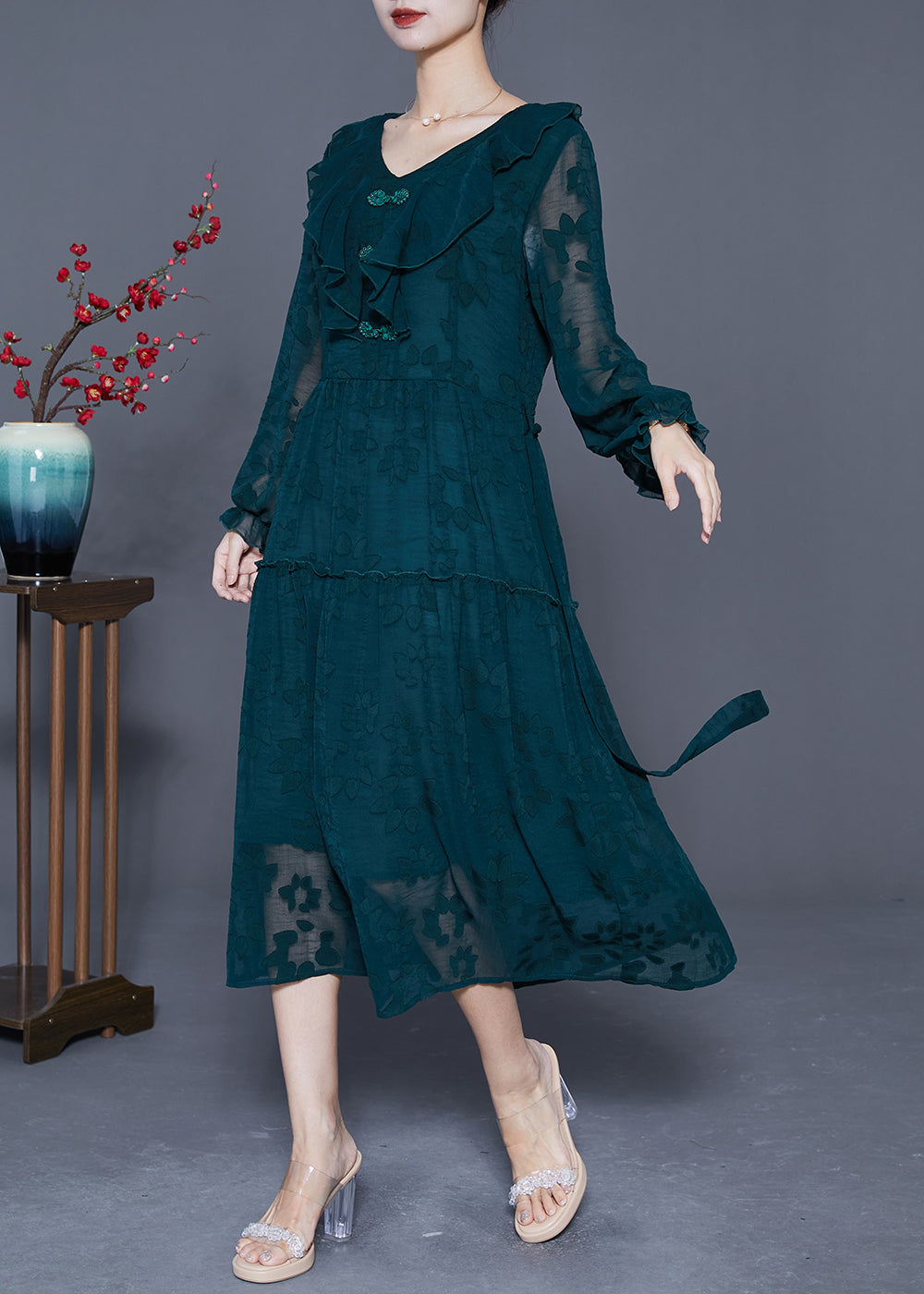 Blackish Green Ruffled Patchwork Silk Maxi Dress Summer