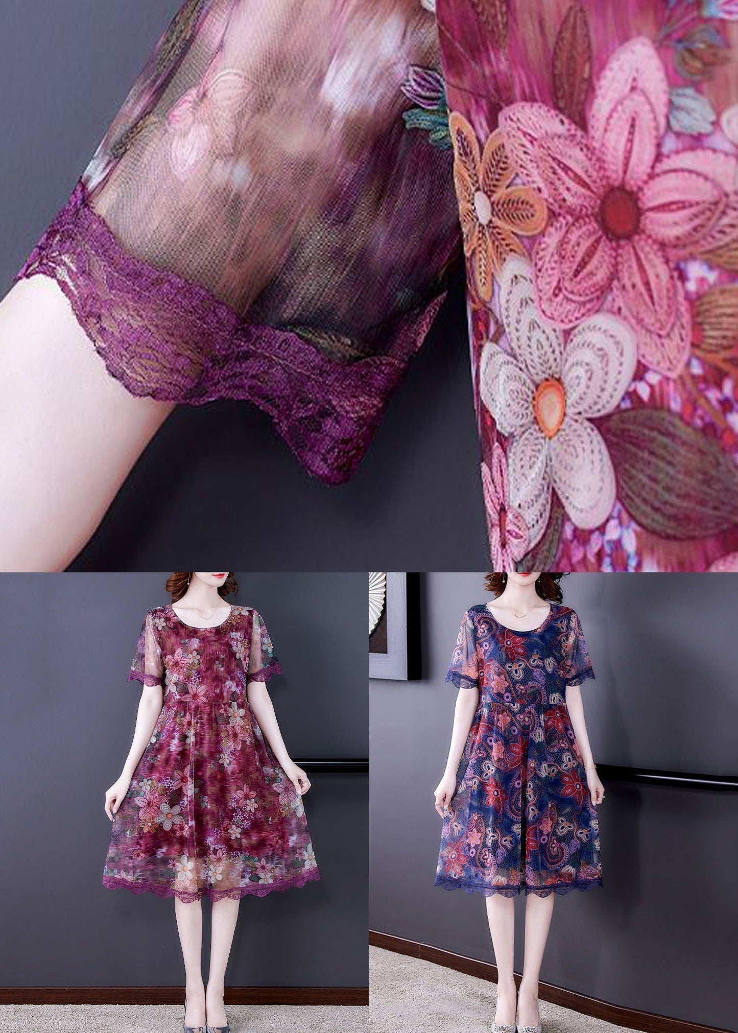 Blue O Neck Print Patchwork Tulle Dresses Summer