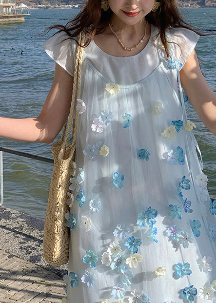 Blue Oversized Chiffon Long Dresses Two Piece Set Summer