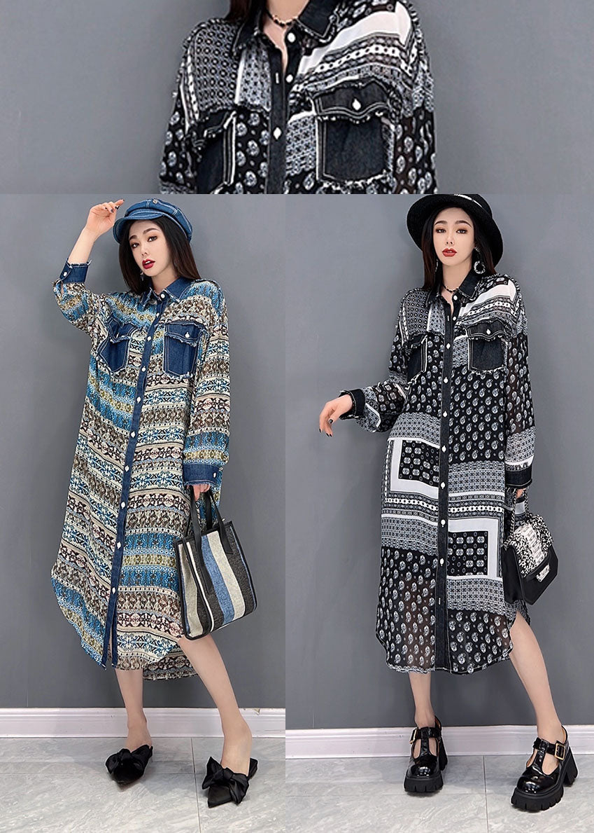 Blue Peter Pan Collar Denim Patchwork Chiffon Shirt Dress Long Sleeve