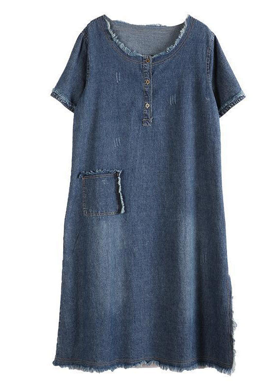 Blue Pockets Button Fall Denim Short Sleeve Party Dress