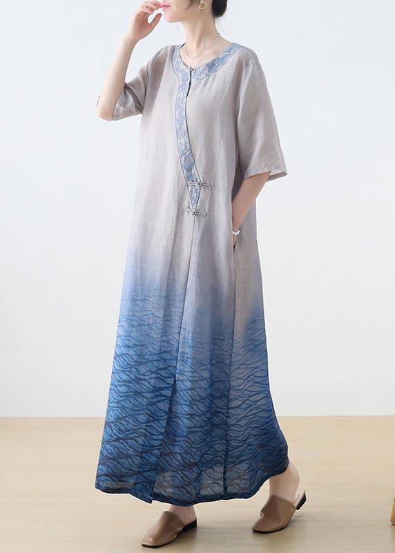 Blue Print Embroidery Oriental Mid Summer Linen Dress