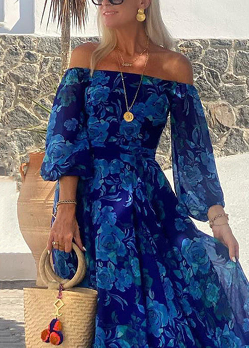 Blue Slash Neck Print Cotton Maxi Dress Bracelet Sleeve