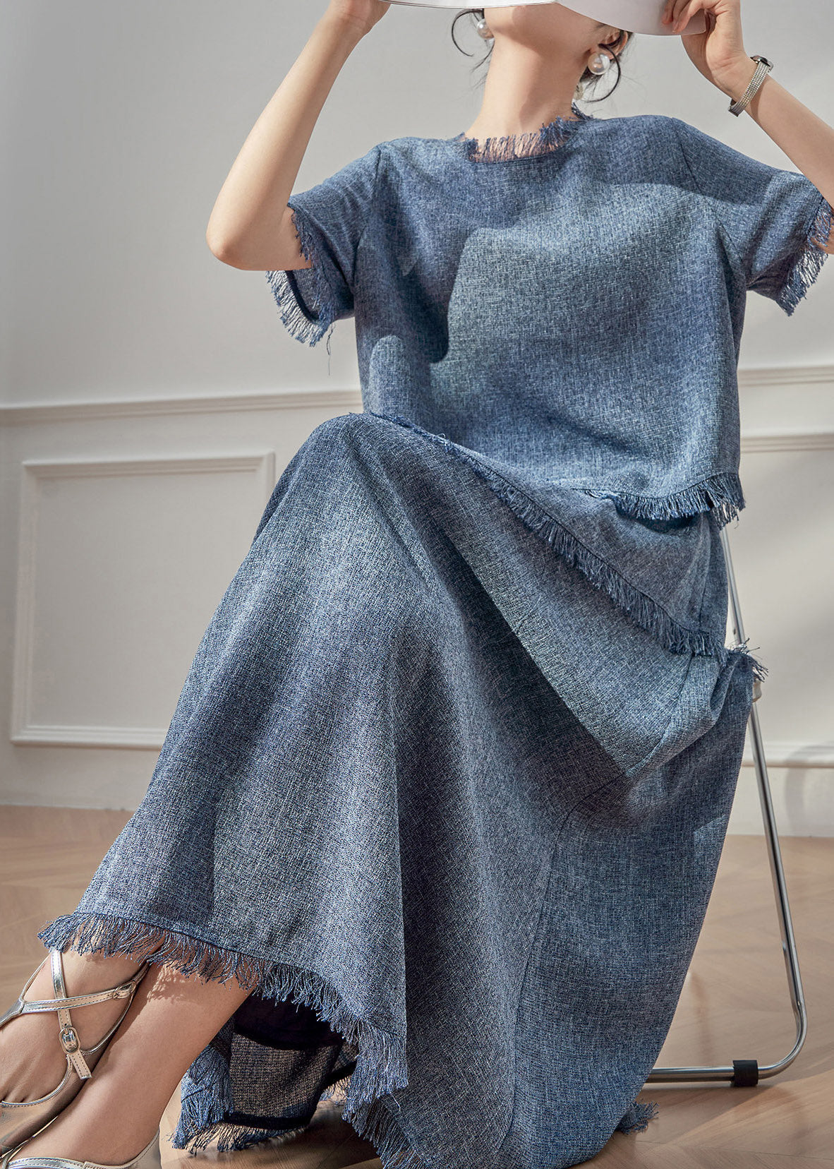 Blue Tassel Patchwork T Shirt and Maxi Skirts Two Pieces Set Short Sleeve