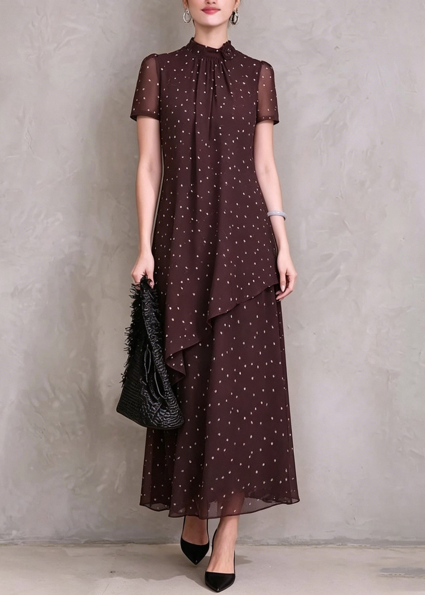 Brown Red Asymmetrical Dot Print Maxi Dresses Short Sleeve