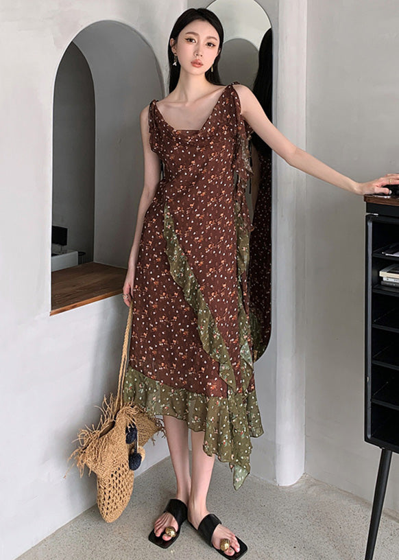 Chocolate Ruffled Patchwork Print Chiffon Long Dresses Sleeveless