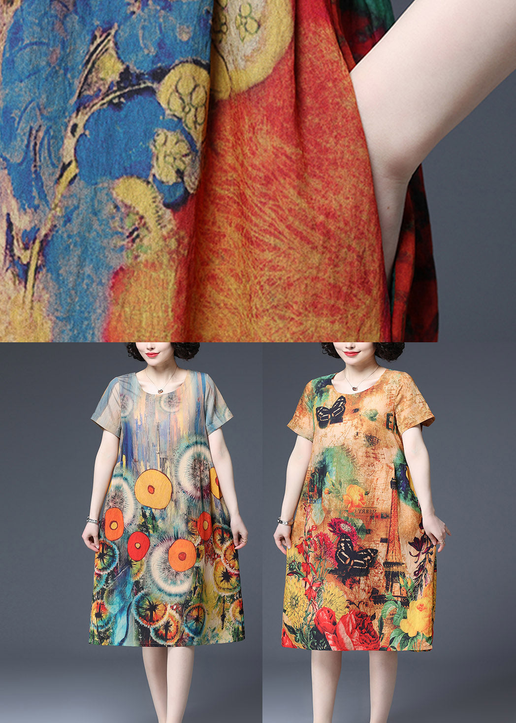 Dot Print Pockets Cotton Dress Short Sleeve