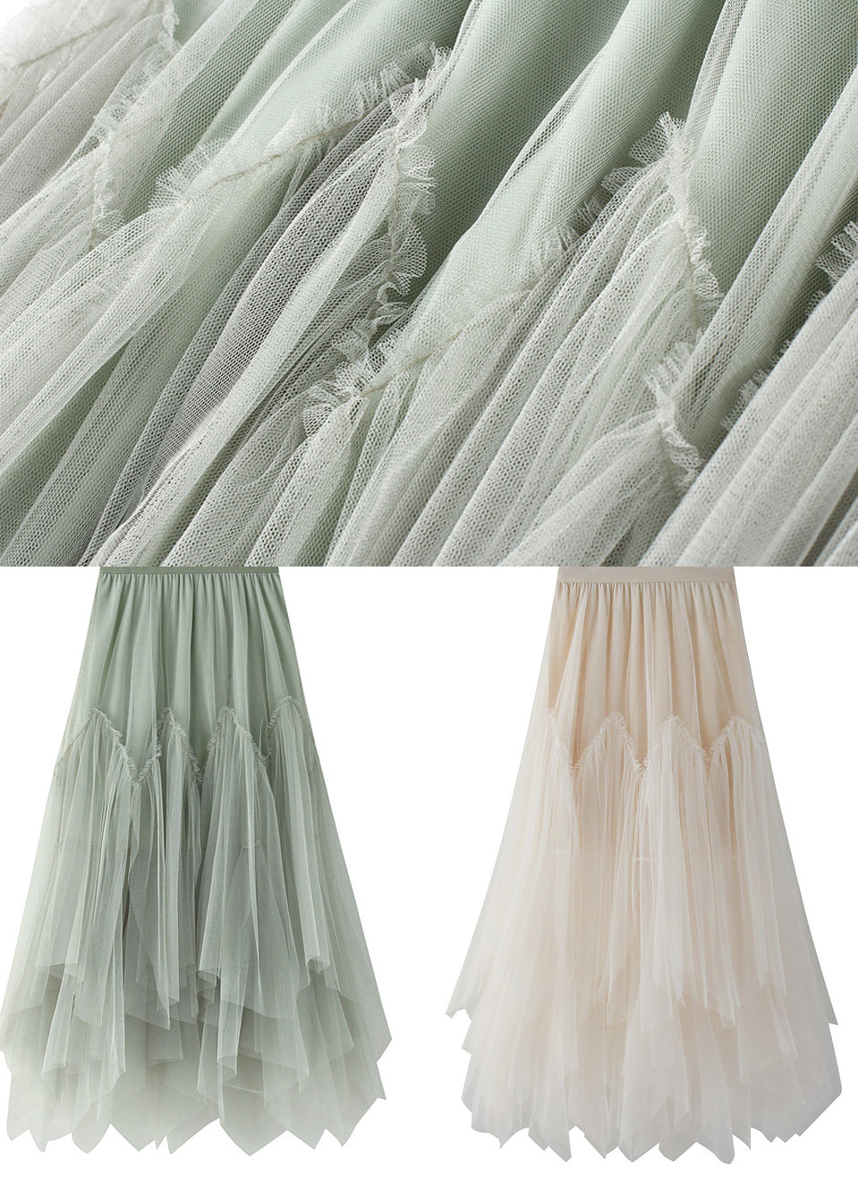 Green Asymmetrical Elastic Waist Tulle Pleated Skirt Summer