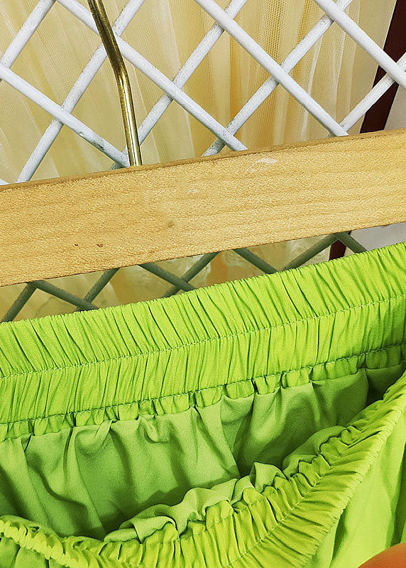 Green Elastic Waist Bow Ruffles Side Open Cotton Skirt Summer