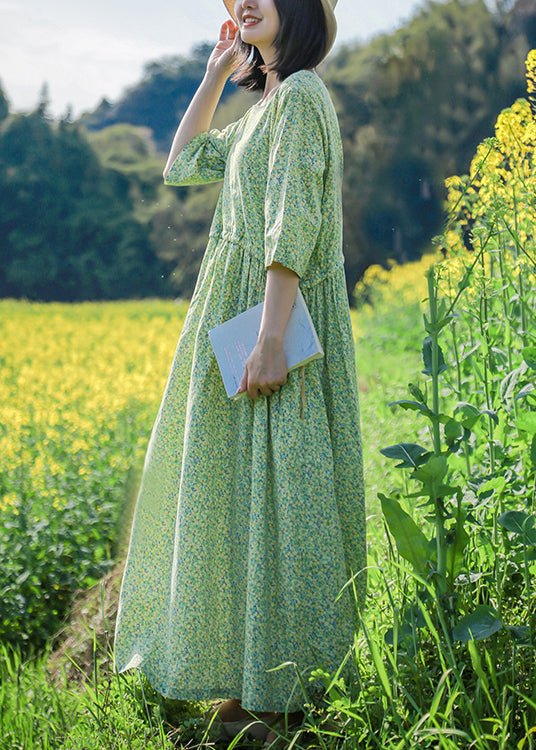 Green O Neck Print Lace Up Cotton Dresses Half Sleeve