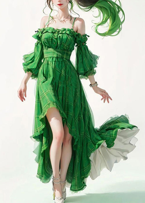 Green Ruffled Patchwork Cotton Spaghetti Strap Dresses Flare Sleeve