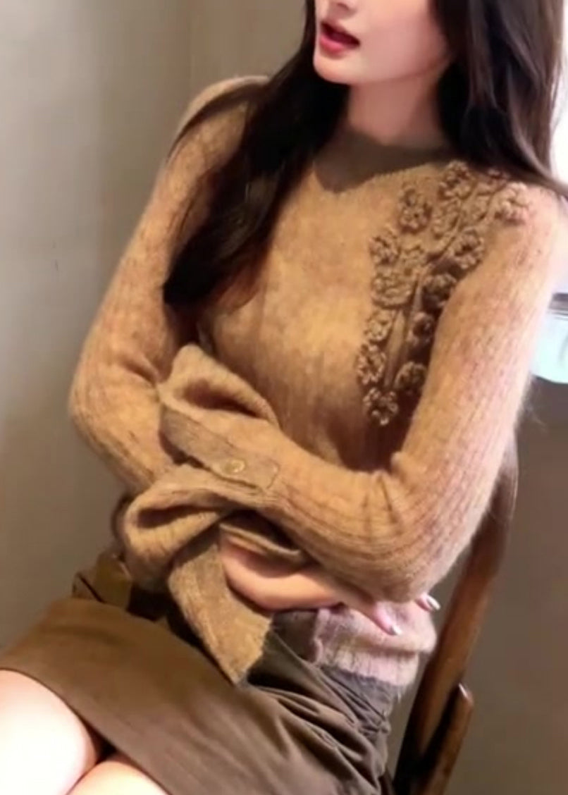 Khaki O-neck Cotton Knit Sweater Flare Sleeve