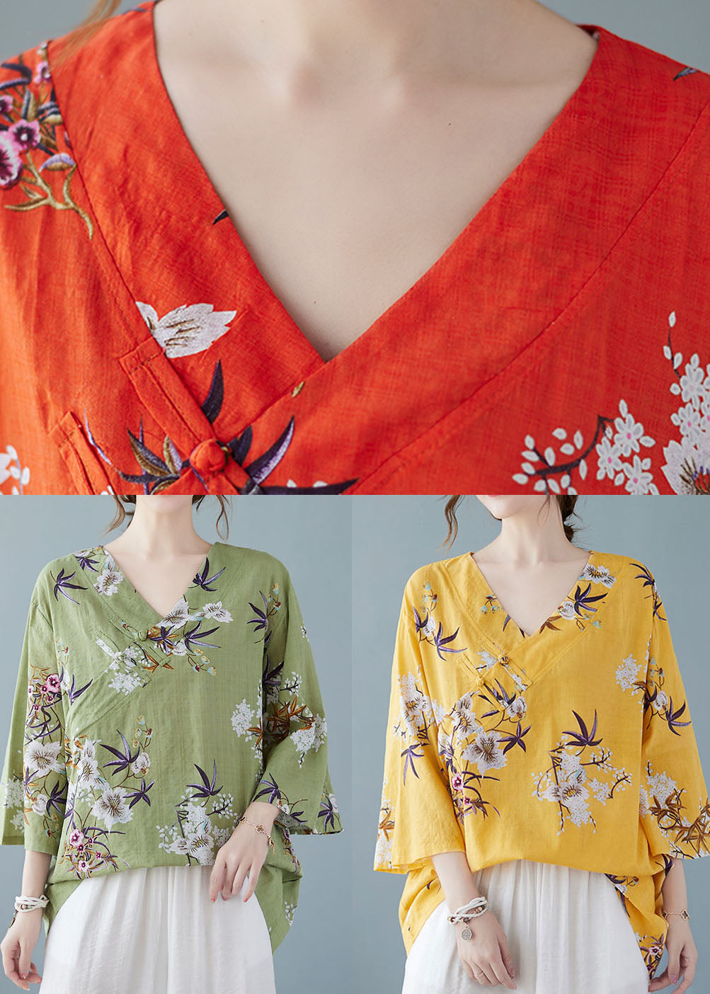 Loose Red V Neck Print Cotton Top Summer