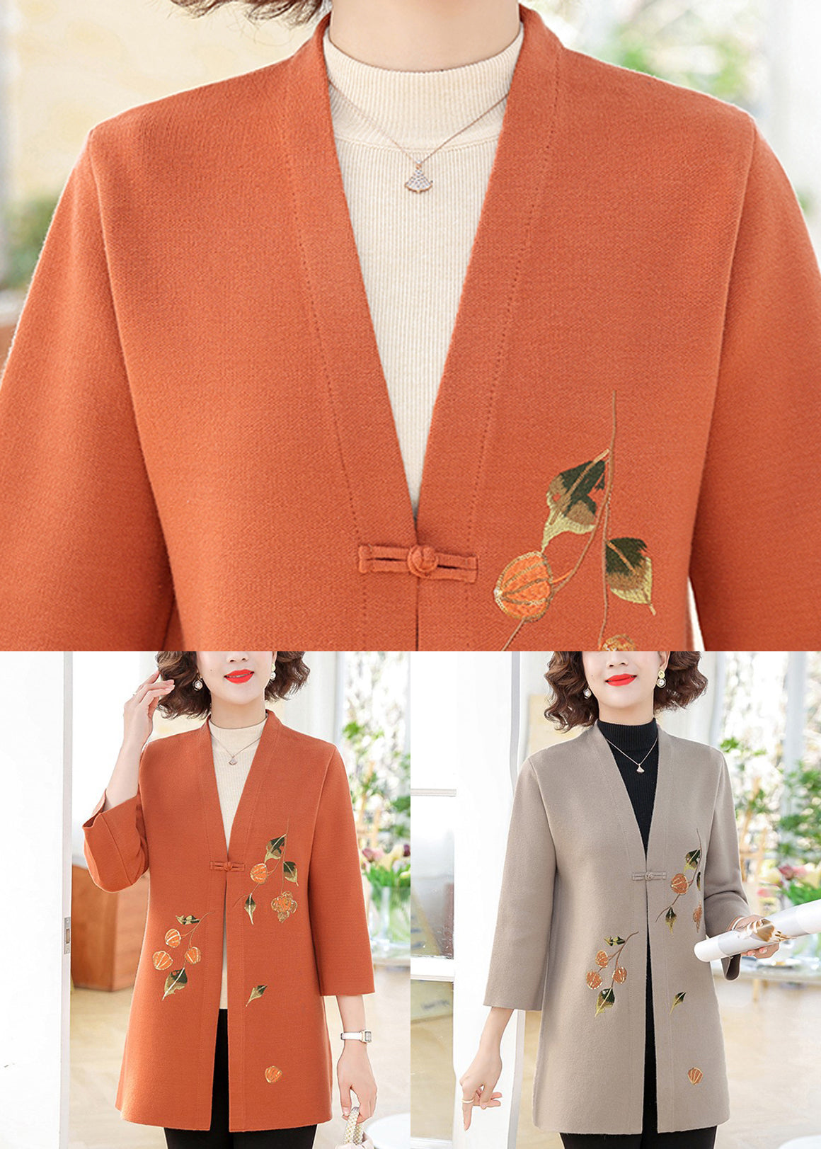 Orange Print Cotton Knit Cardigans Bracelet Sleeve
