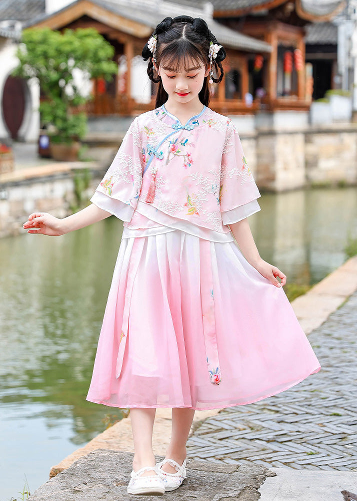 Pink Embroideried Patchwork Button Chiffon Kids Long Dresses Half Sleeve