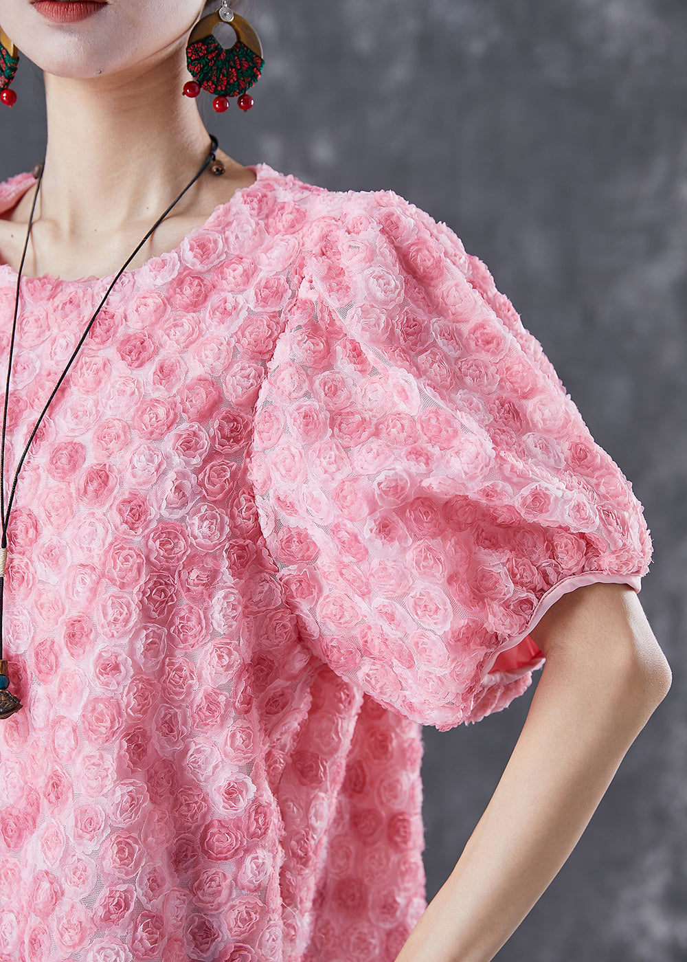 Pink Silk Mid Dresses Puff Sleeve