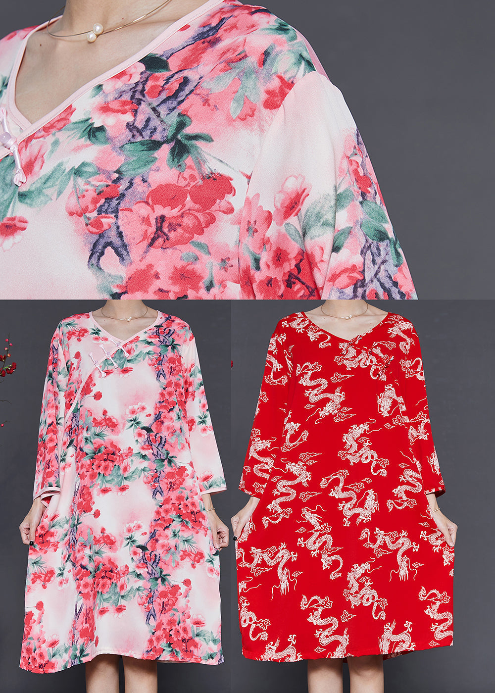 Pink Plum Blossom Print Cotton Dress Summer