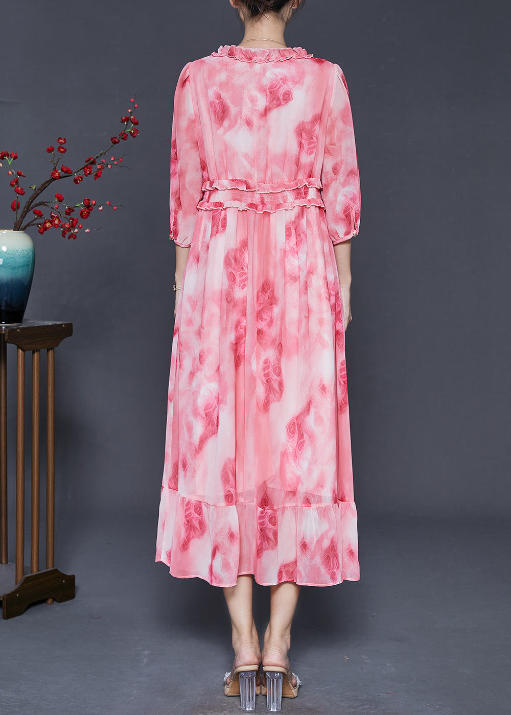 Pink Ruffled Print Chiffon Vacation Dress Summer